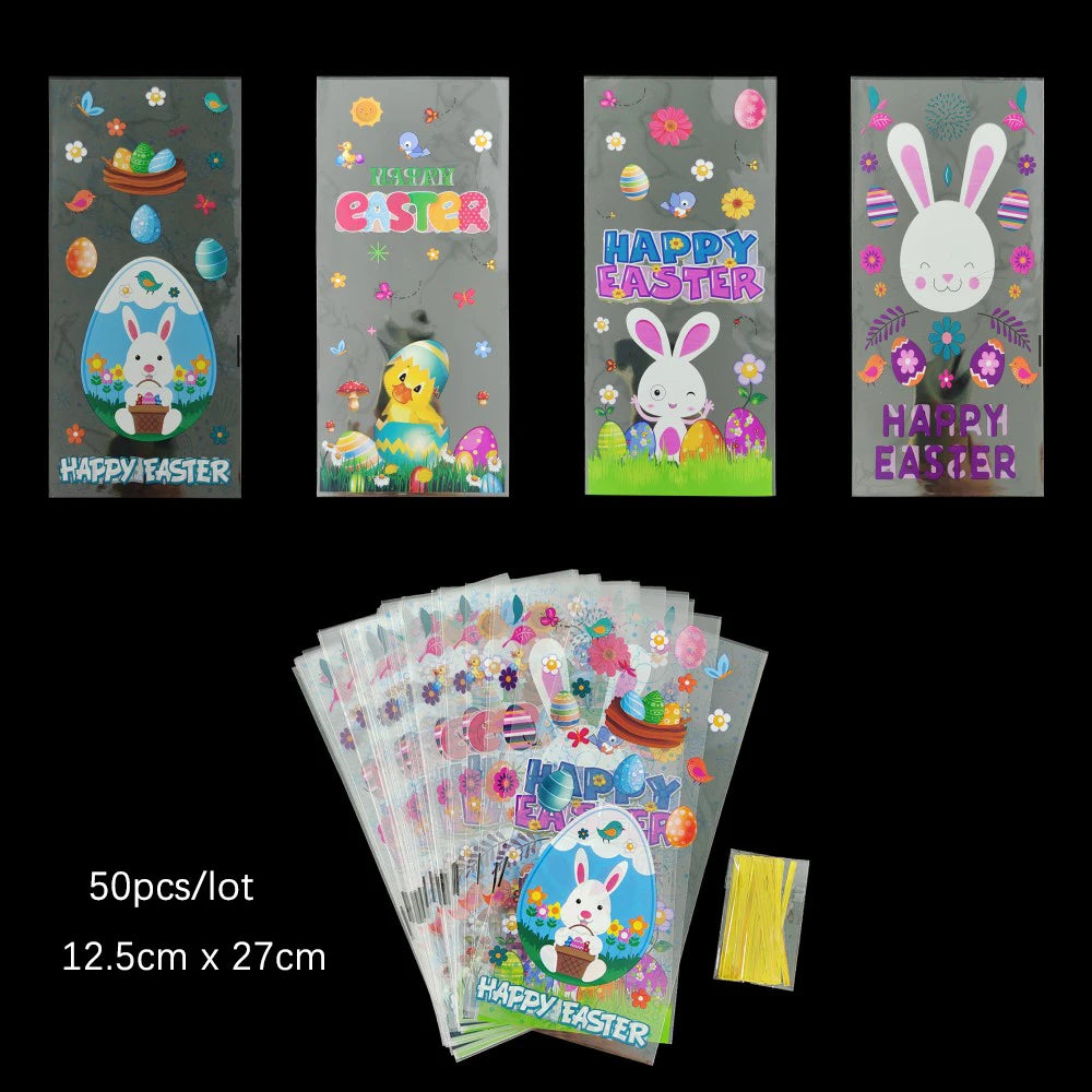 50Pcs Happy Easter Plastic Candy Bag Gift Pouch Cute Bunny Easter Eggs Packaging for Easter Gift 2024 Easter Home Decoration