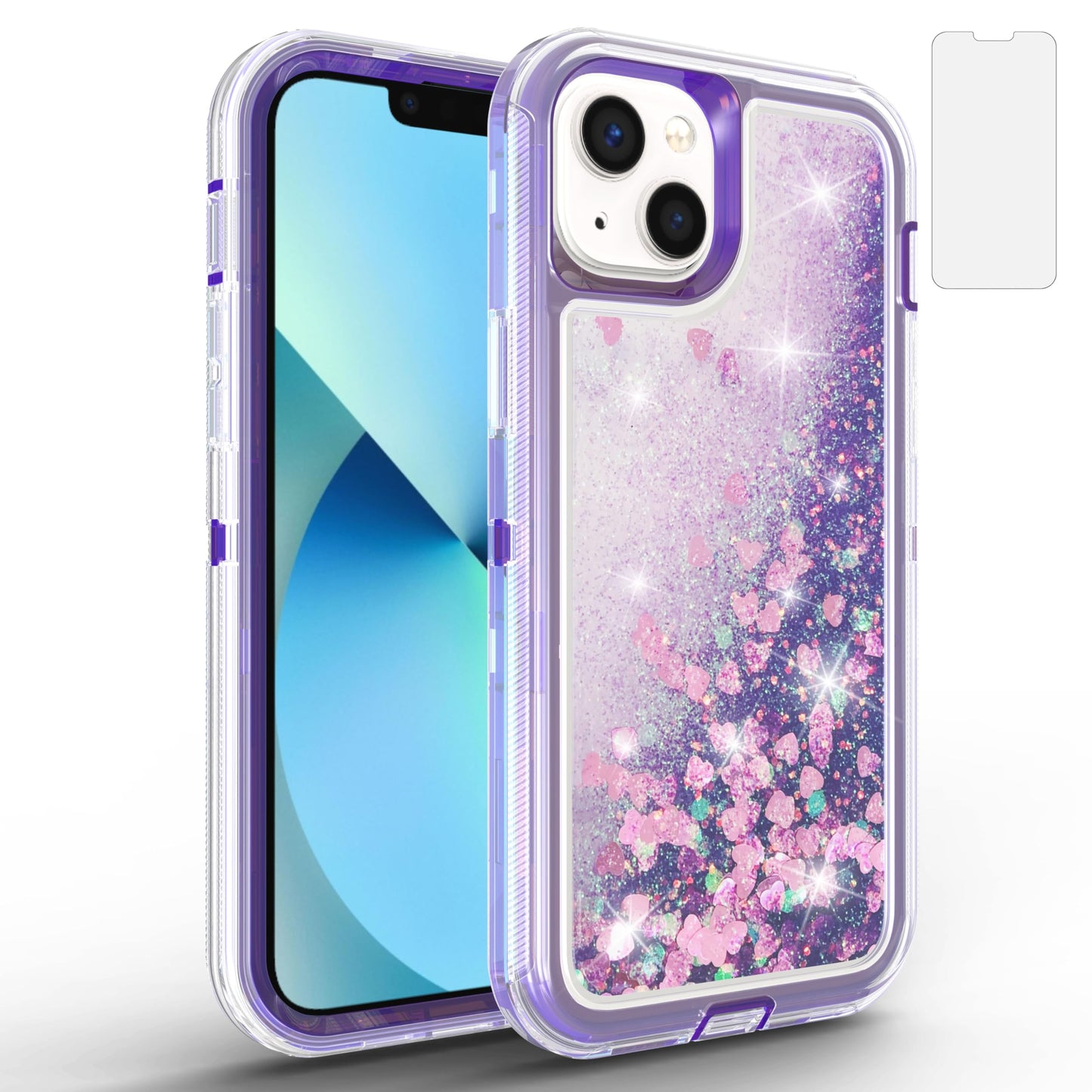 Asuwish Phone Case for iPhone 14 Plus 6.7 inch with Screen Protector Bling Liquid Glitter Clear Hybrid Military Grade Protective Cell Cover i-Phone 14+ iPhone14Plus 5G i i14 + iPhone14 14Plus Purple