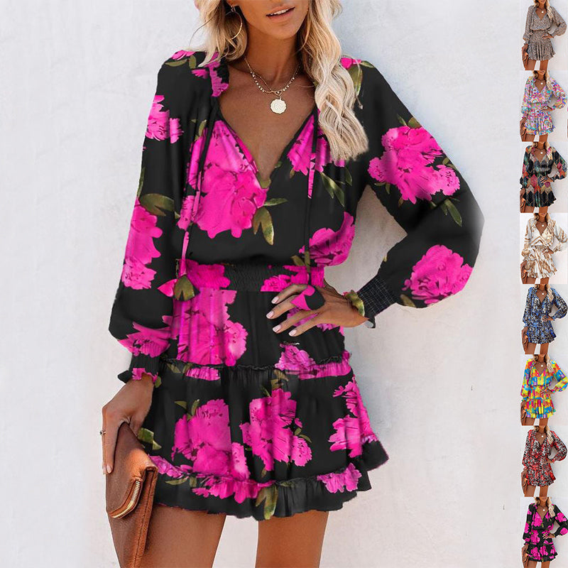 Vestito a maniche lunghe con stampa floreale, alla moda, patchwork, maniche a sbuffo, abiti in vita, abbigliamento femminile