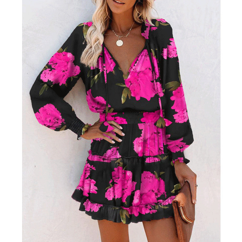Vestito a maniche lunghe con stampa floreale, alla moda, patchwork, maniche a sbuffo, abiti in vita, abbigliamento femminile