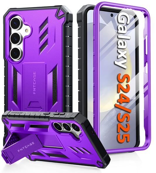 FNTCASE for Samsung Galaxy S25 Case: for Samsung Galaxy S24 Case Military Grade Drop Proof Protection Mobile Cover with Kickstand | Matte Rugged Shockproof Protective Sturdy Phone Case (Purple)