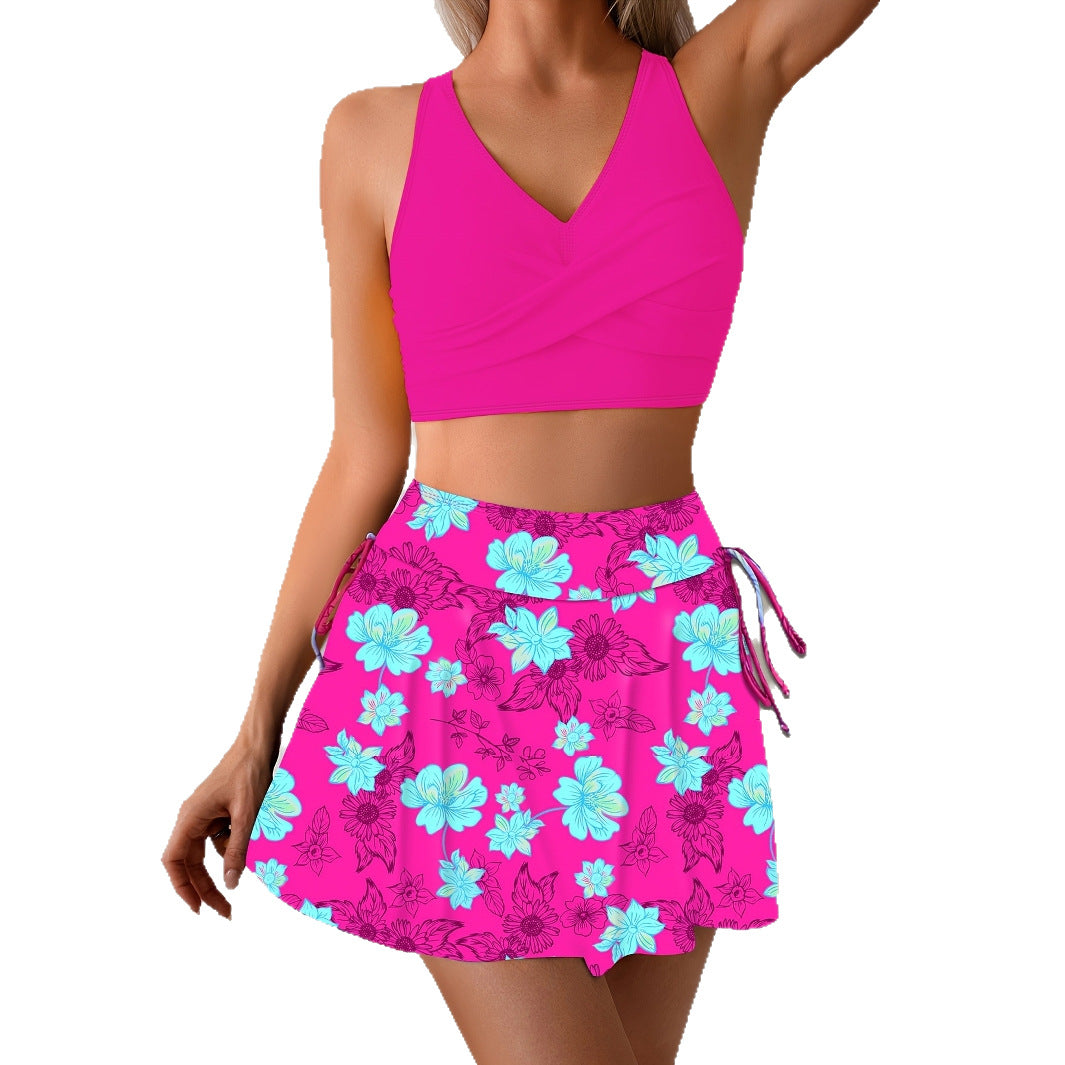 Womens Midriff-Covering Holiday Beach Printed Short-Skirt Swimsuit Set