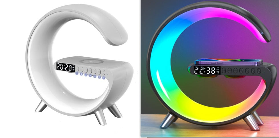 Nuova Lampada Intelligente a LED a forma di G con Altoparlante Bluetooth, Caricatore Wireless, Lampada d'Atmosfera, Controllo tramite App per Camera da Letto e Arredamento Casa