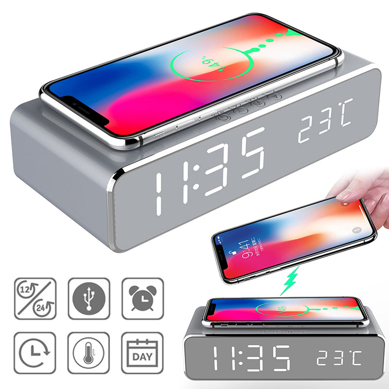 Sveglia elettrica a LED con caricabatterie wireless, display digitale da scrivania, sveglia con termometro, orologio a specchio HD, decorazione da tavolo