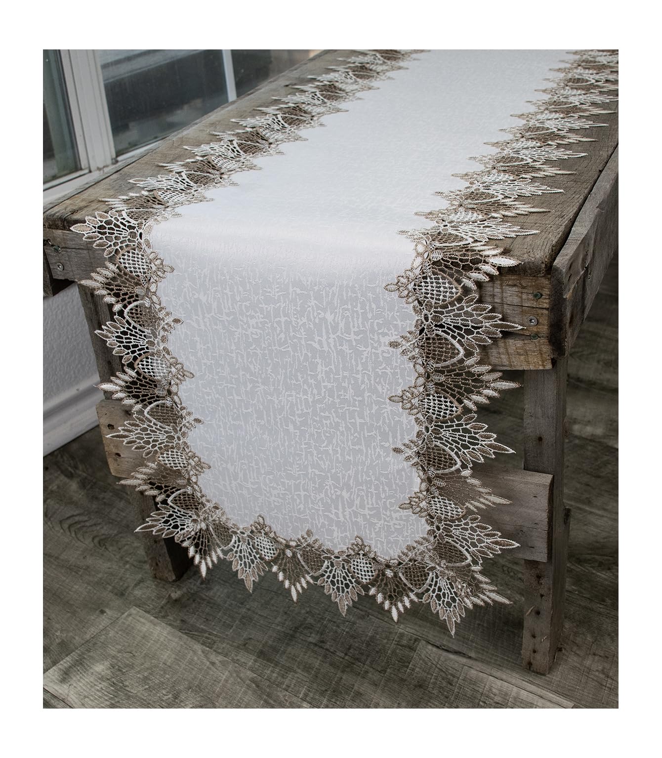Centrotavola in pizzo runner neutro, tonalità terra, in jacquard su sfondo bianco, per tavolo da pranzo, comò o tavolino da caffè (40x137 cm)