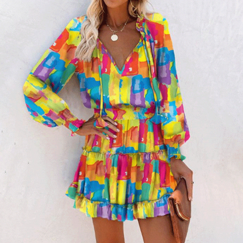 Vestito a maniche lunghe con stampa floreale, alla moda, patchwork, maniche a sbuffo, abiti in vita, abbigliamento femminile
