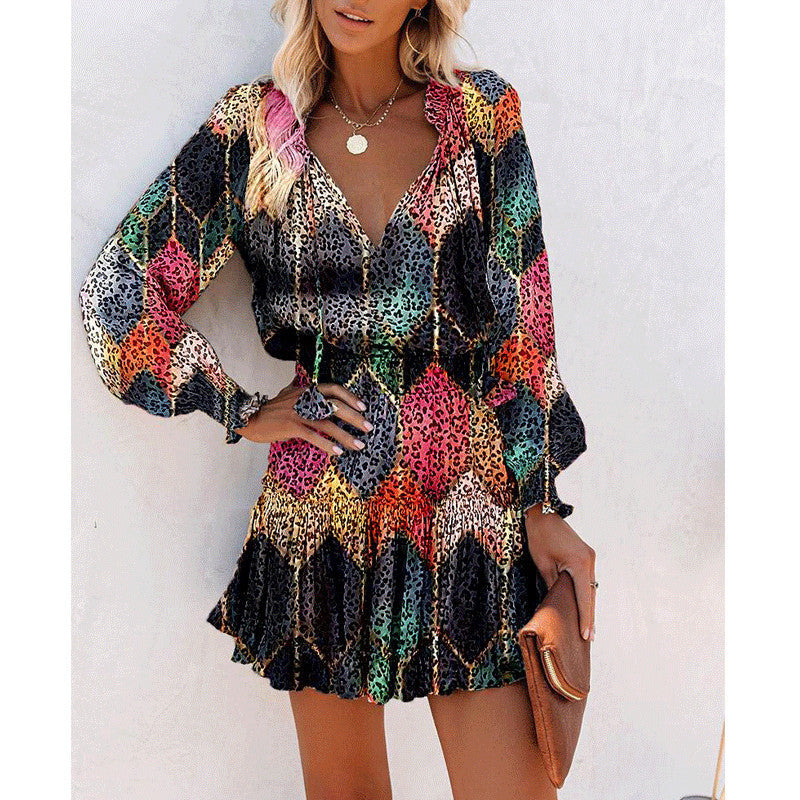 Vestito a maniche lunghe con stampa floreale, alla moda, patchwork, maniche a sbuffo, abiti in vita, abbigliamento femminile