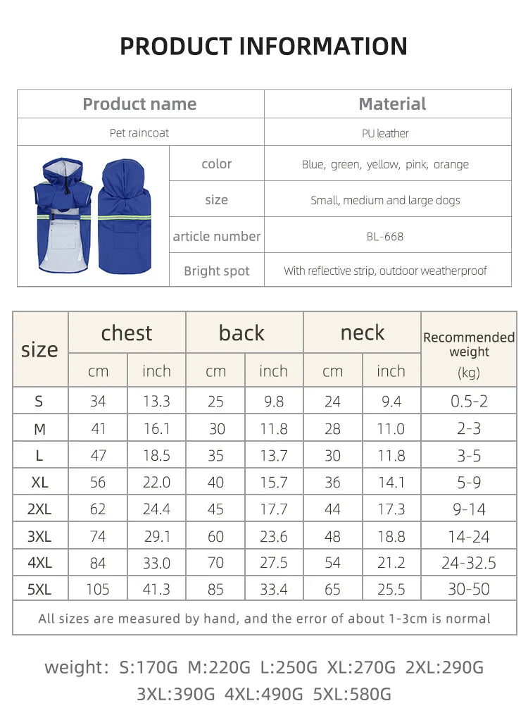 Pet poncho Dog Raincoats Reflective Small Large Dogs Rain Coat Waterproof Jacket S-5XL Fashion Outdoor Breathable Puppy Clothes