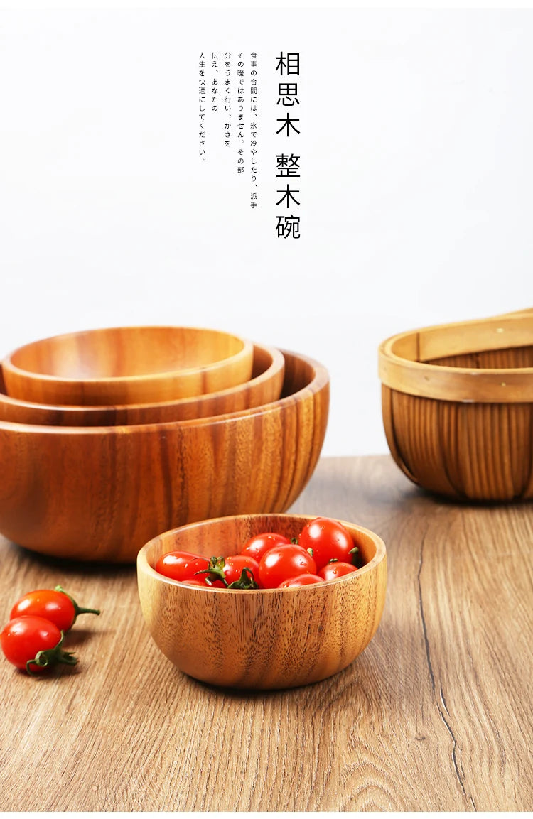 Simple Acacia Wood Bowl Household Salad Mixing Wooden Basin Kneading Solid Wood Bowl Thickened Soaking Bowl Wooden Tableware