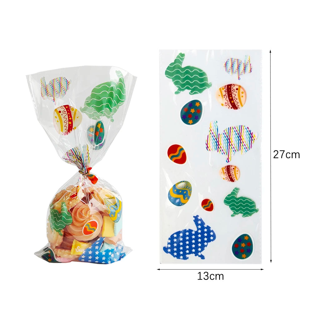 50Pcs Happy Easter Plastic Candy Bag Gift Pouch Cute Bunny Easter Eggs Packaging for Easter Gift 2024 Easter Home Decoration