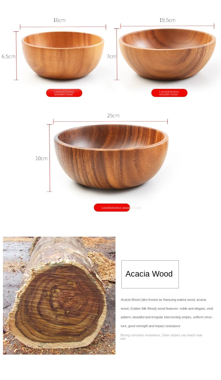 Simple Acacia Wood Bowl Household Salad Mixing Wooden Basin Kneading Solid Wood Bowl Thickened Soaking Bowl Wooden Tableware
