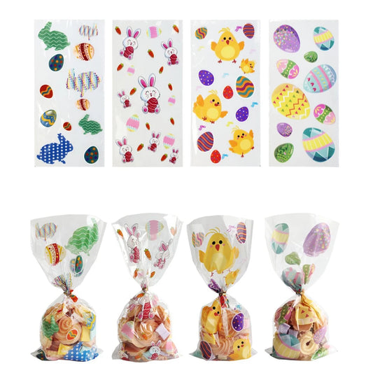 50Pcs Happy Easter Plastic Candy Bag Gift Pouch Cute Bunny Easter Eggs Packaging for Easter Gift 2024 Easter Home Decoration
