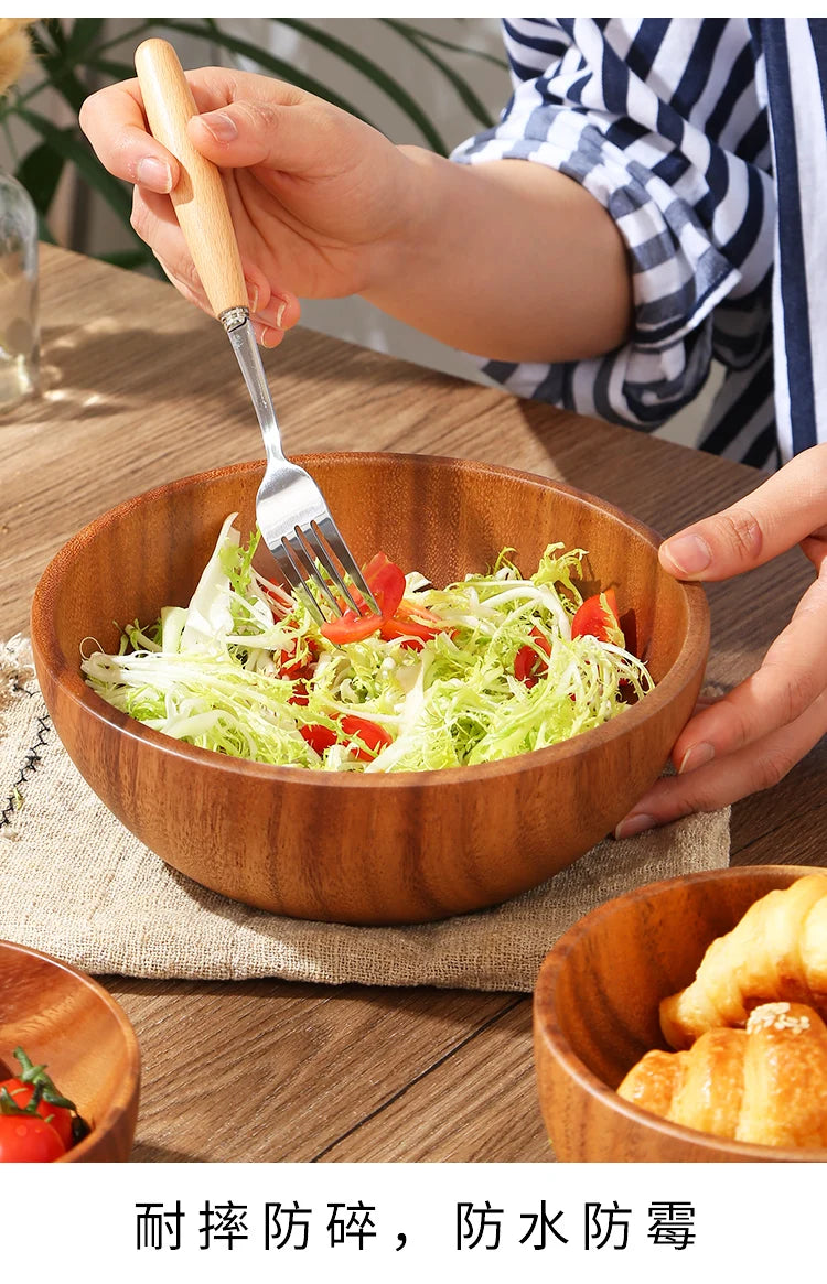 Simple Acacia Wood Bowl Household Salad Mixing Wooden Basin Kneading Solid Wood Bowl Thickened Soaking Bowl Wooden Tableware