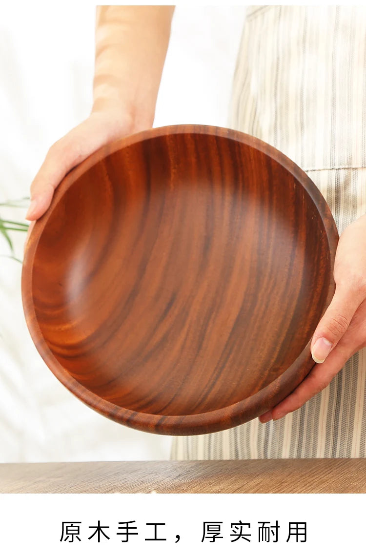 Simple Acacia Wood Bowl Household Salad Mixing Wooden Basin Kneading Solid Wood Bowl Thickened Soaking Bowl Wooden Tableware