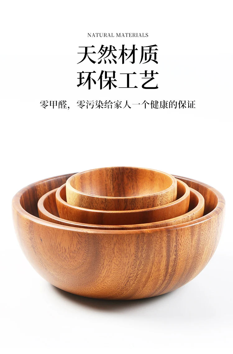 Simple Acacia Wood Bowl Household Salad Mixing Wooden Basin Kneading Solid Wood Bowl Thickened Soaking Bowl Wooden Tableware