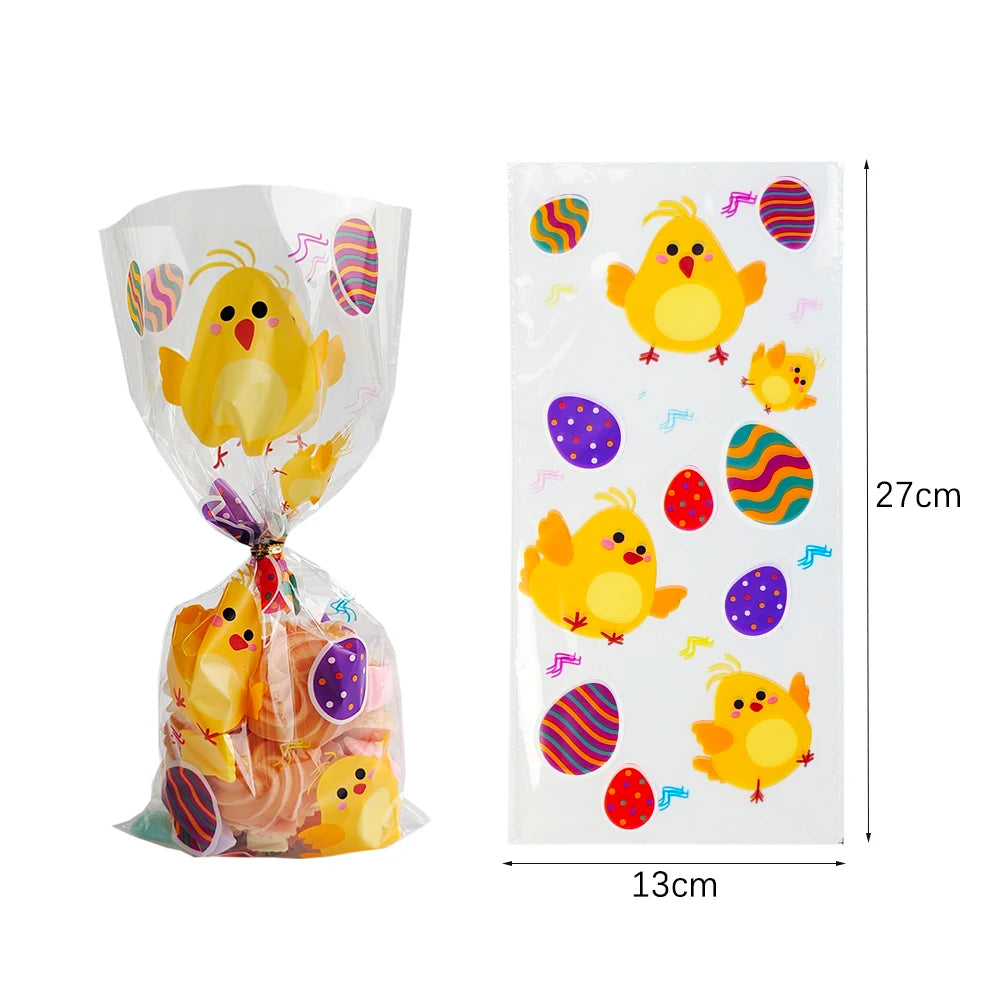 50Pcs Happy Easter Plastic Candy Bag Gift Pouch Cute Bunny Easter Eggs Packaging for Easter Gift 2024 Easter Home Decoration