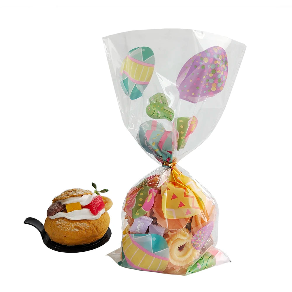 50Pcs Happy Easter Plastic Candy Bag Gift Pouch Cute Bunny Easter Eggs Packaging for Easter Gift 2024 Easter Home Decoration
