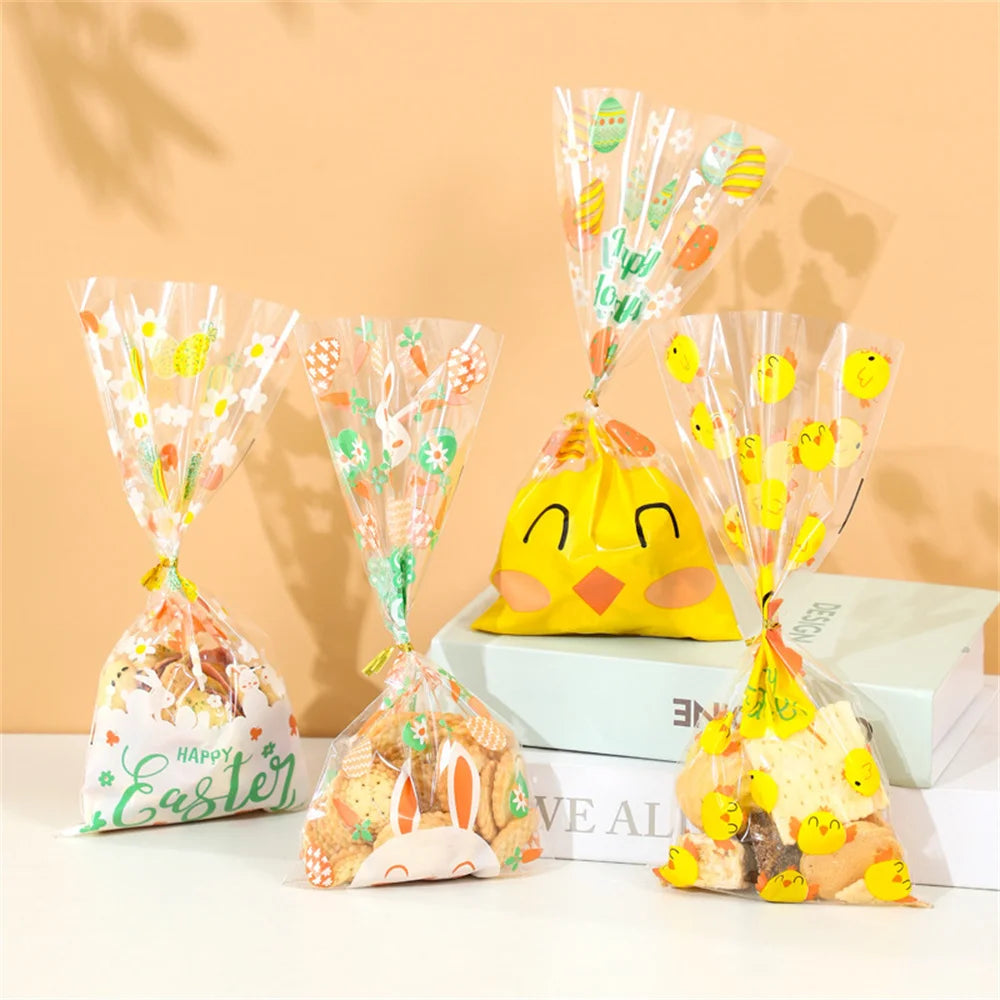 50Pcs Happy Easter Plastic Candy Bag Gift Pouch Cute Bunny Easter Eggs Packaging for Easter Gift 2024 Easter Home Decoration