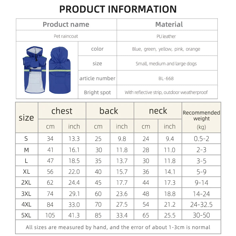 Pet poncho Dog Raincoats Reflective Small Large Dogs Rain Coat Waterproof Jacket S-5XL Fashion Outdoor Breathable Puppy Clothes