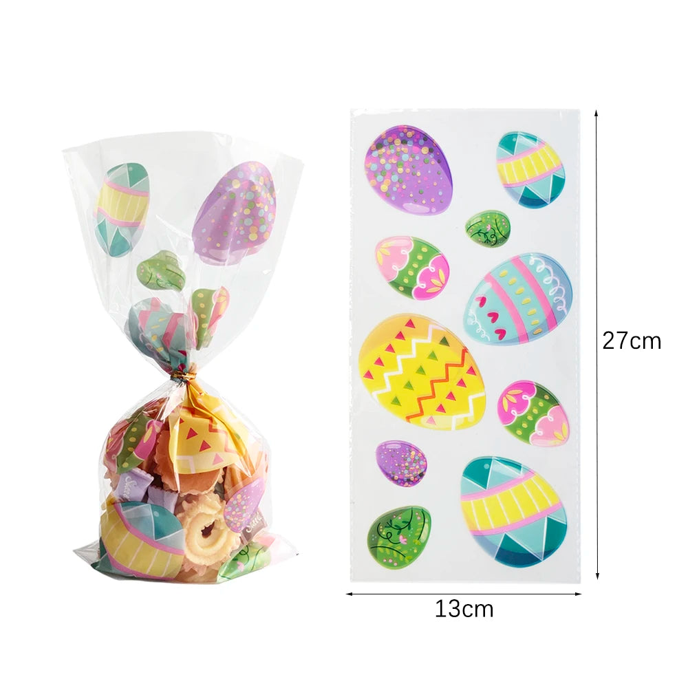 50Pcs Happy Easter Plastic Candy Bag Gift Pouch Cute Bunny Easter Eggs Packaging for Easter Gift 2024 Easter Home Decoration