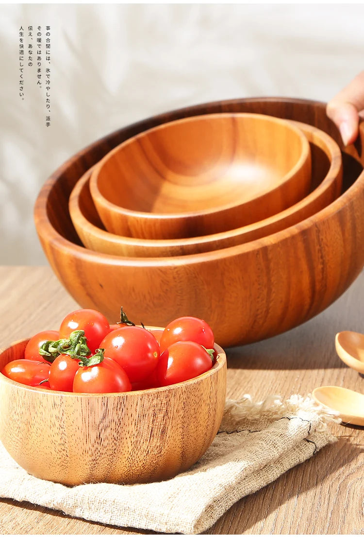Simple Acacia Wood Bowl Household Salad Mixing Wooden Basin Kneading Solid Wood Bowl Thickened Soaking Bowl Wooden Tableware