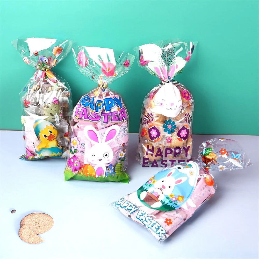 50Pcs Happy Easter Plastic Candy Bag Gift Pouch Cute Bunny Easter Eggs Packaging for Easter Gift 2024 Easter Home Decoration