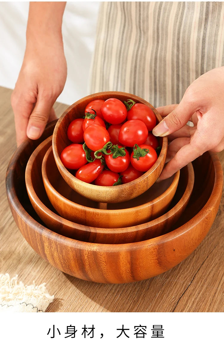 Simple Acacia Wood Bowl Household Salad Mixing Wooden Basin Kneading Solid Wood Bowl Thickened Soaking Bowl Wooden Tableware