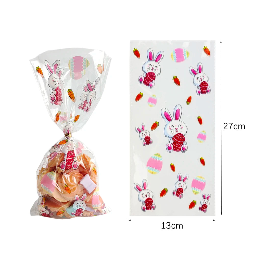 50Pcs Happy Easter Plastic Candy Bag Gift Pouch Cute Bunny Easter Eggs Packaging for Easter Gift 2024 Easter Home Decoration