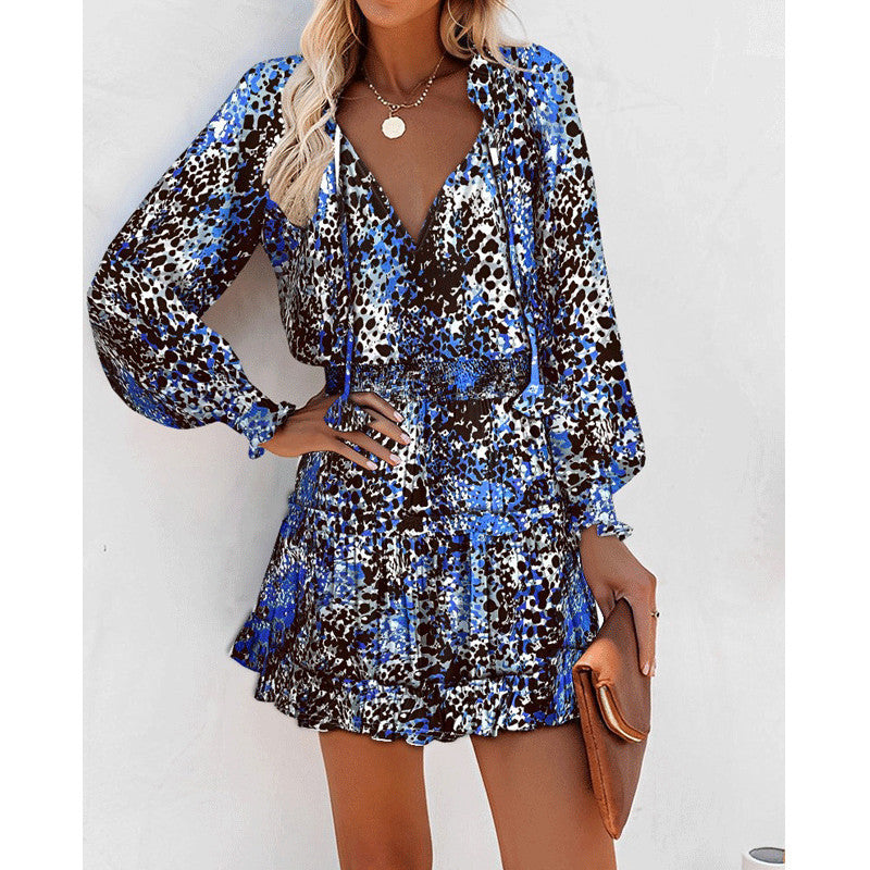 Vestito a maniche lunghe con stampa floreale, alla moda, patchwork, maniche a sbuffo, abiti in vita, abbigliamento femminile