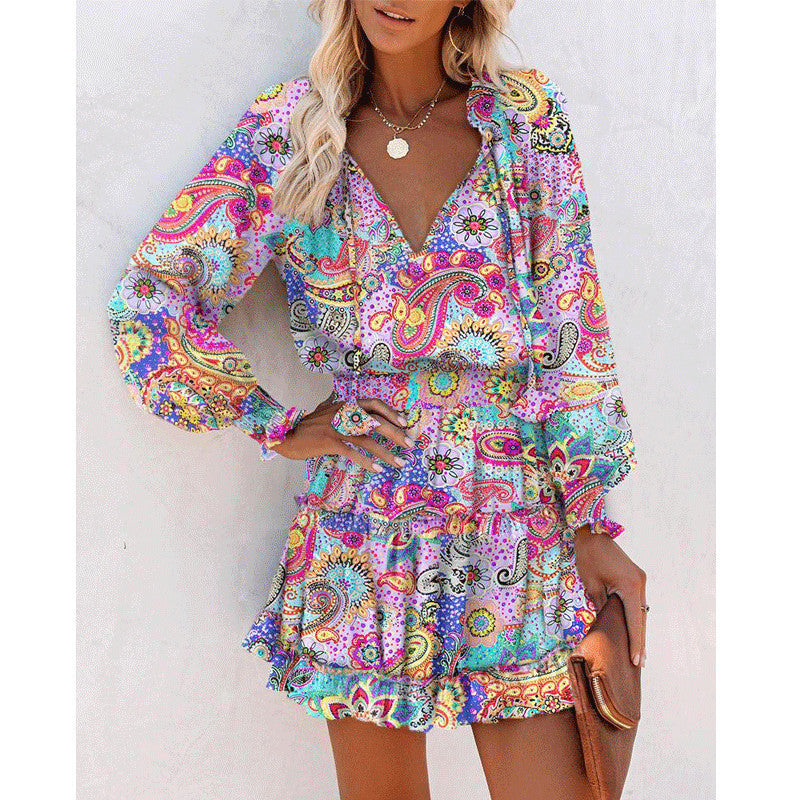 Vestito a maniche lunghe con stampa floreale, alla moda, patchwork, maniche a sbuffo, abiti in vita, abbigliamento femminile