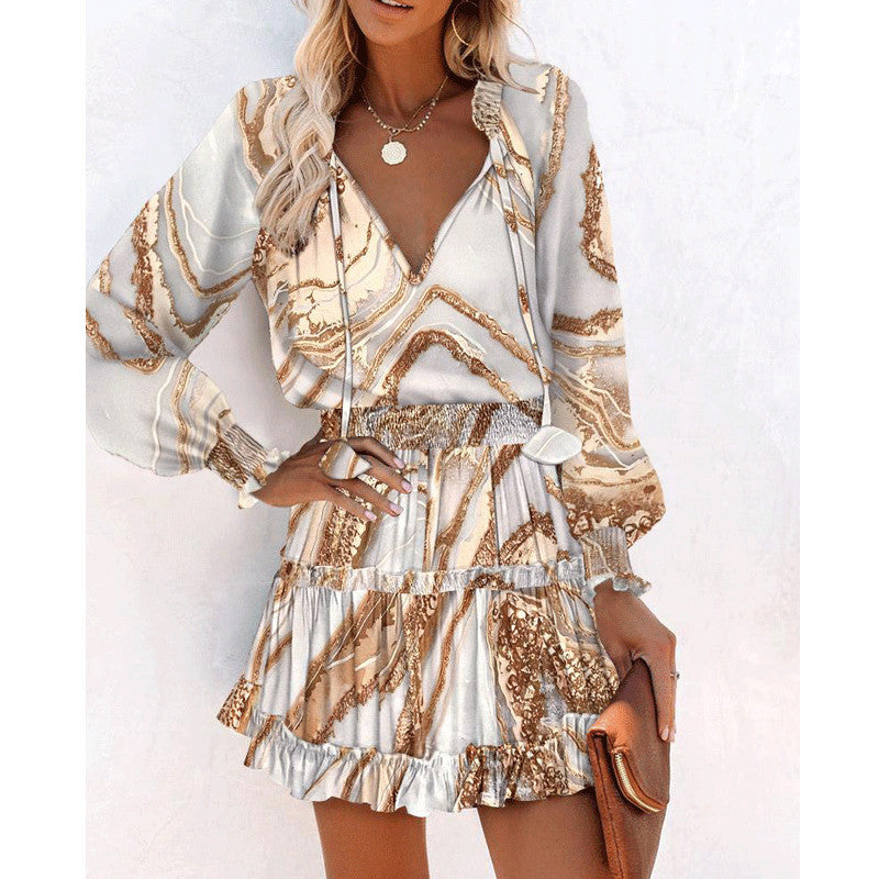 Vestito a maniche lunghe con stampa floreale, alla moda, patchwork, maniche a sbuffo, abiti in vita, abbigliamento femminile