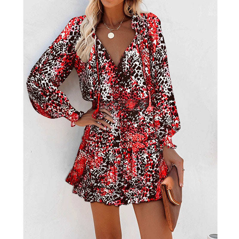 Vestito a maniche lunghe con stampa floreale, alla moda, patchwork, maniche a sbuffo, abiti in vita, abbigliamento femminile